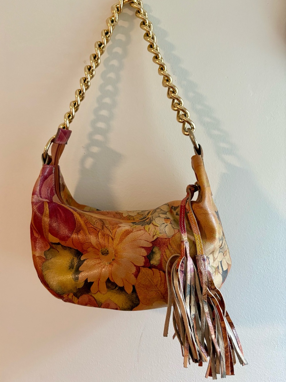 Maurizio Taiuti Floral Leather Shoulder Bag in Orange, Pink and Gold